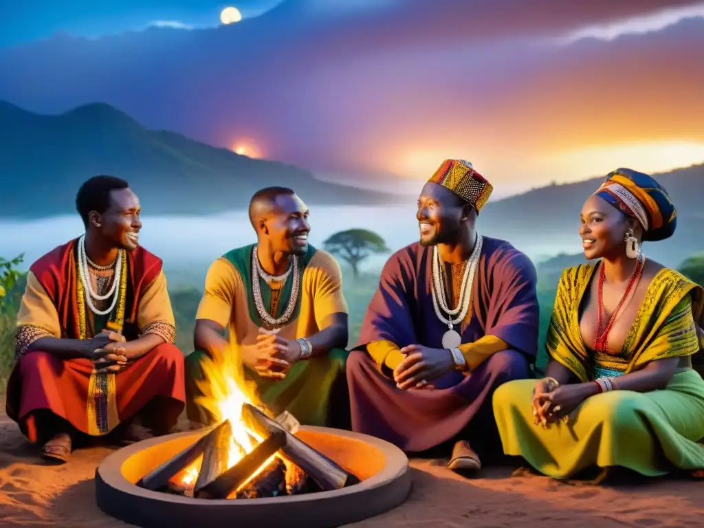 Grupo de narradores africanos compartiendo narrativas espirituales alrededor de una fogata bajo un cielo estrellado