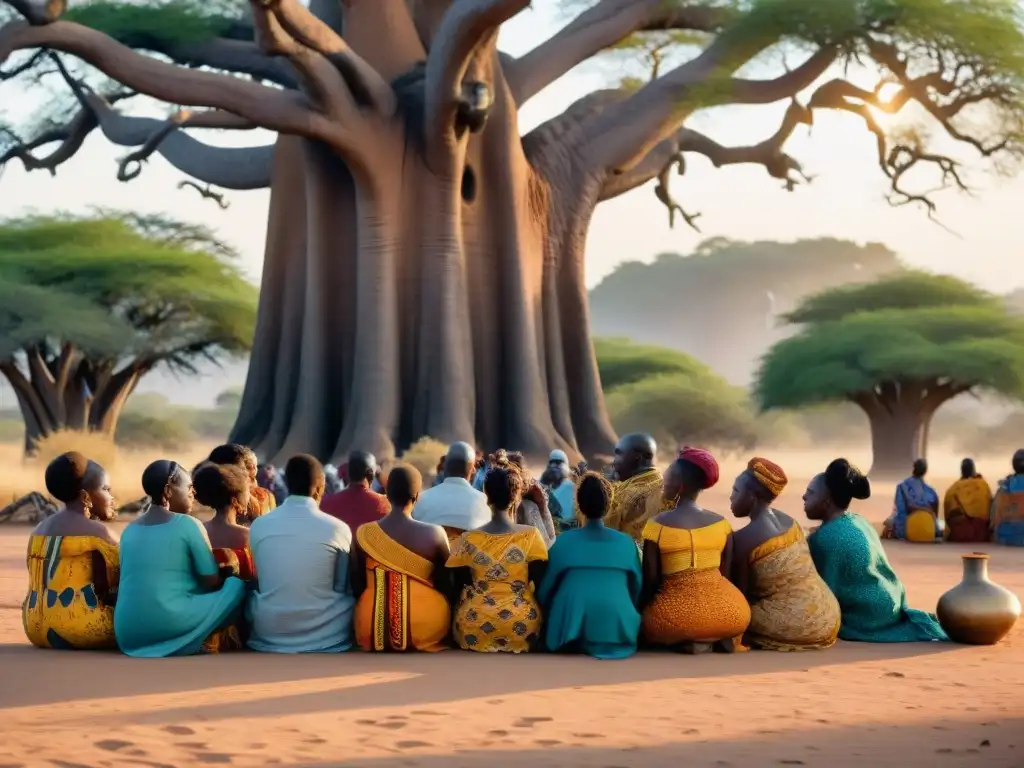 Un grupo de narradores Griot en vestimenta tradicional bajo un baobab, cautivando a su audiencia al atardecer