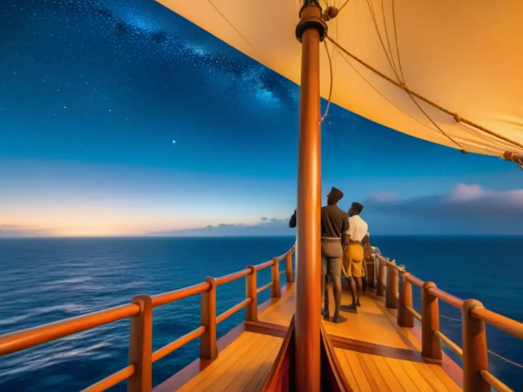 Grupo de navegantes africanos en un barco de madera tradicional, estudiando mapas bajo el cielo estrellado