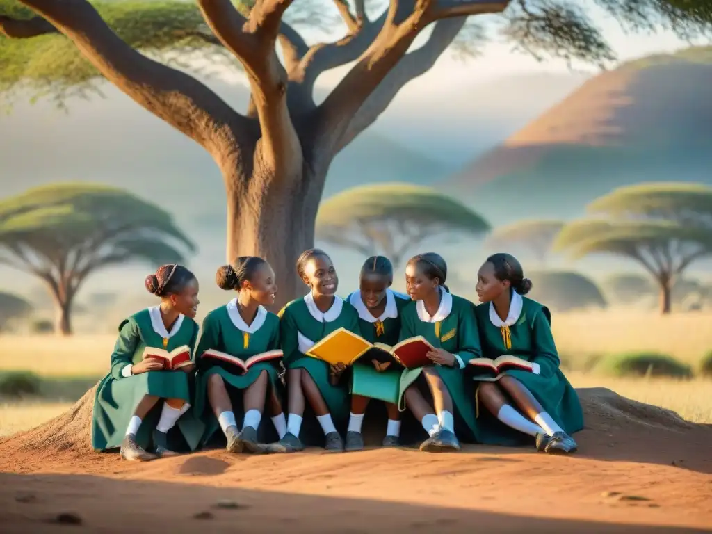 Grupo de niñas africanas estudian bajo árbol, libros abiertos