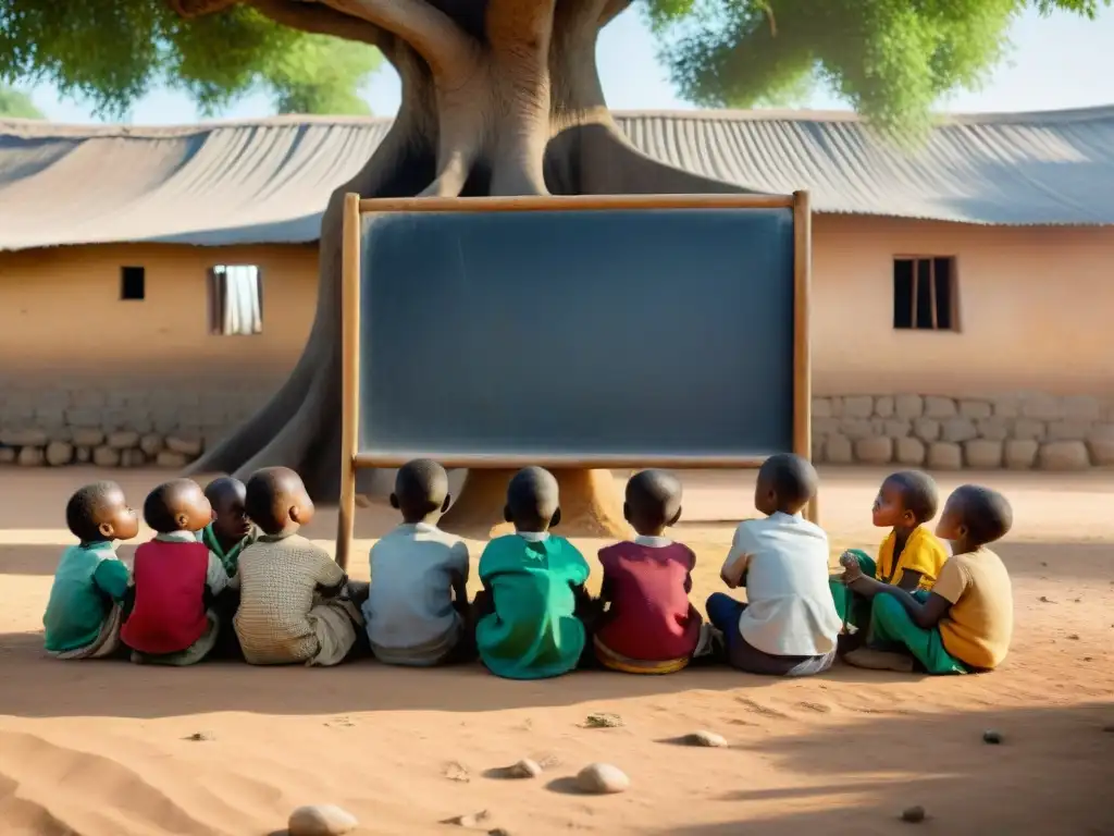 Un grupo de niños africanos en una aldea rural escucha atentamente a un profesor de ONG educación África impacto bajo un árbol