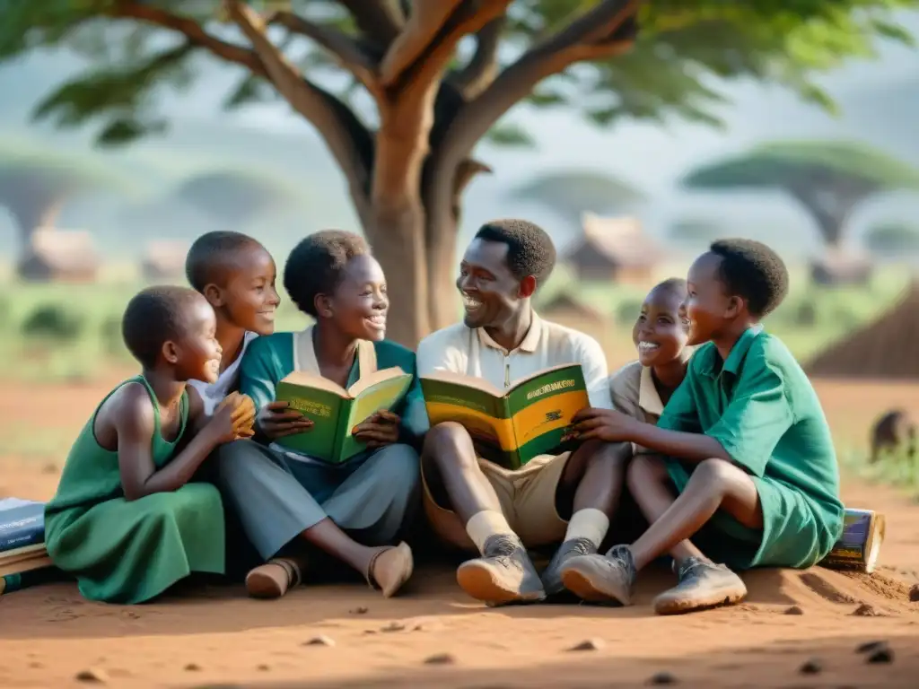 Un grupo de niños africanos se reúne bajo un árbol con libros, participando en una charla con un anciano