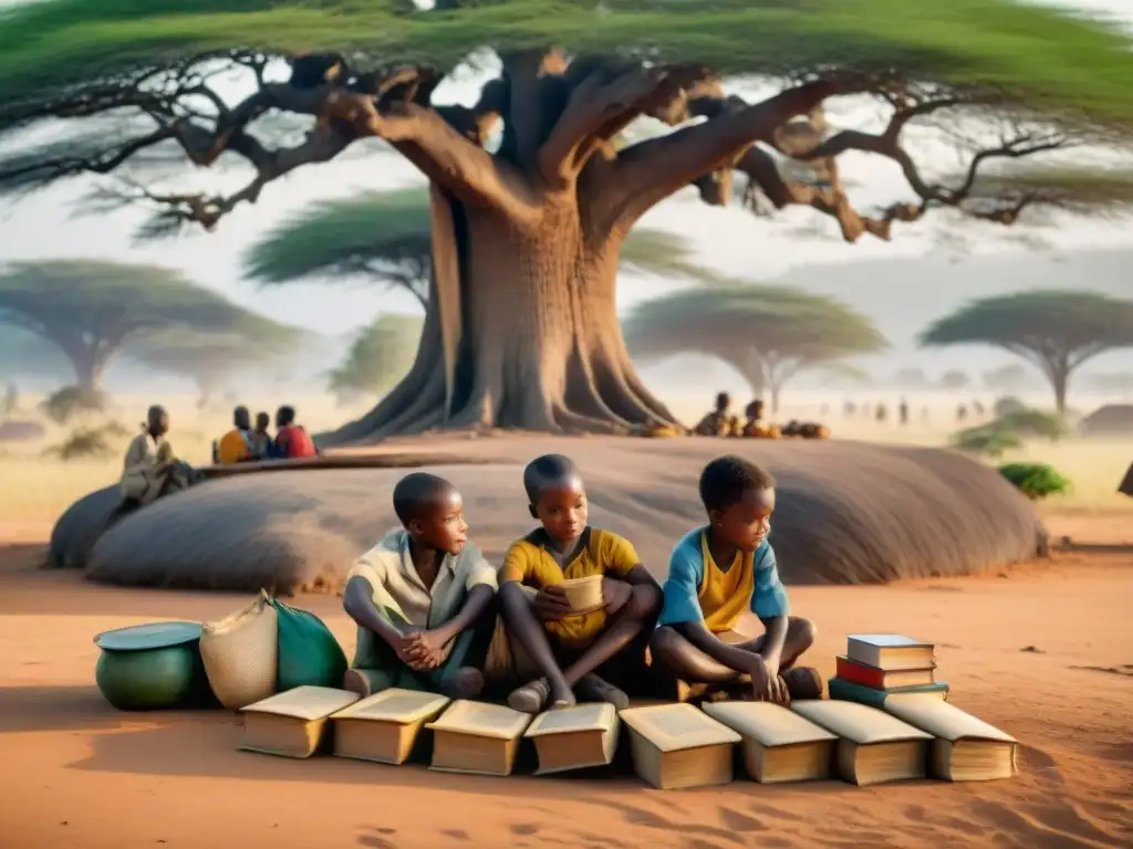 Un grupo de niños africanos estudia bajo un árbol con libros y herramientas tradicionales en África