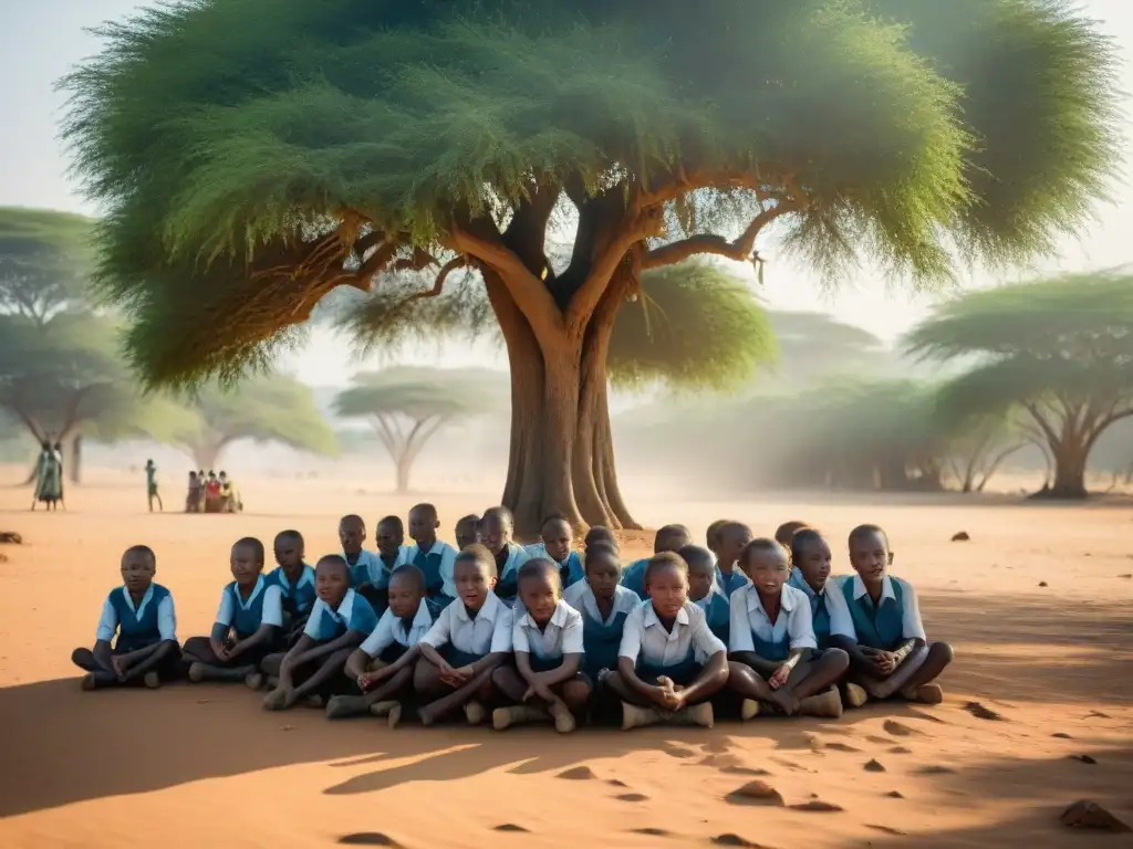 Grupo de niños africanos estudian bajo un árbol, impacto del cambio climático en la educación en África