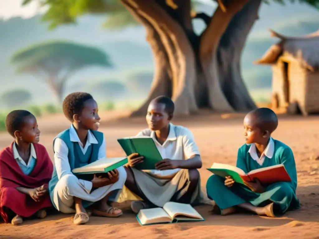 Grupo de niños africanos bajo un árbol, con libros y cuadernos, en una animada discusión