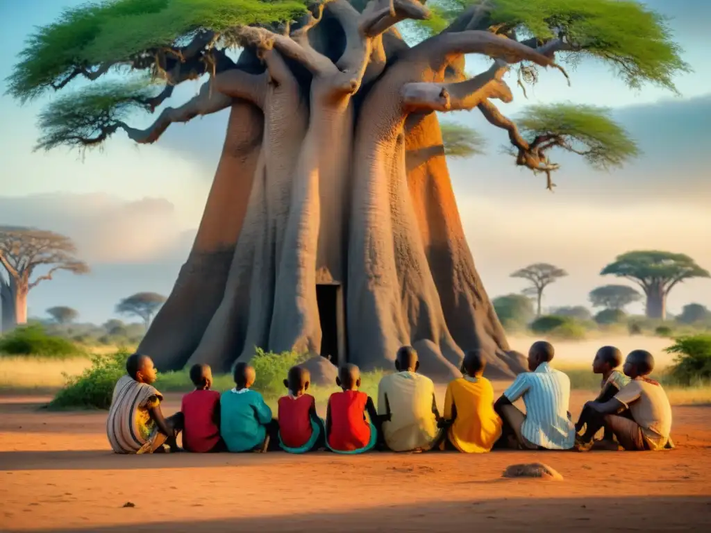 Grupo de niños africanos escuchando con atención a un anciano bajo un baobab