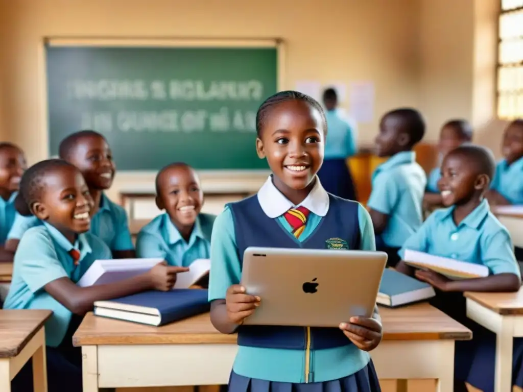 Grupo de niños africanos en un aula, emocionados por la educación digital en África