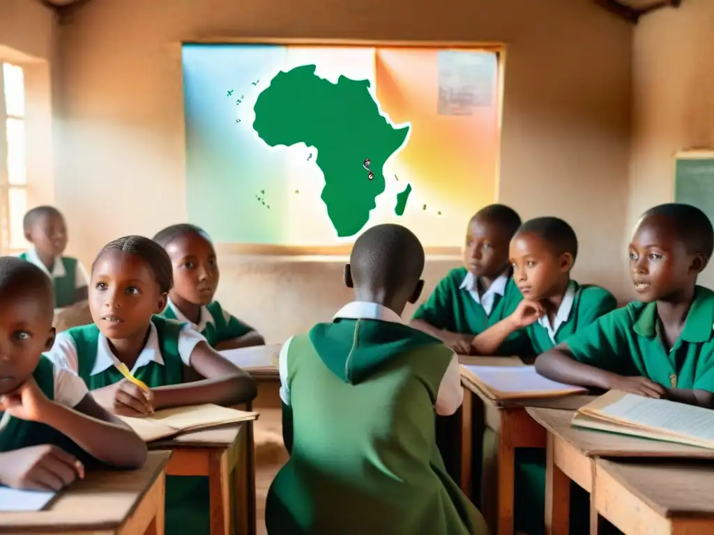 Grupo de niños africanos participando en clase con maestro apasionado en entorno educativo cálido y acogedor