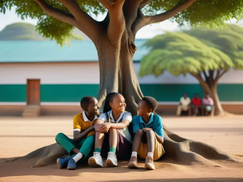 Un grupo de niños africanos con discapacidades recibiendo apoyo educativo bajo un árbol en África