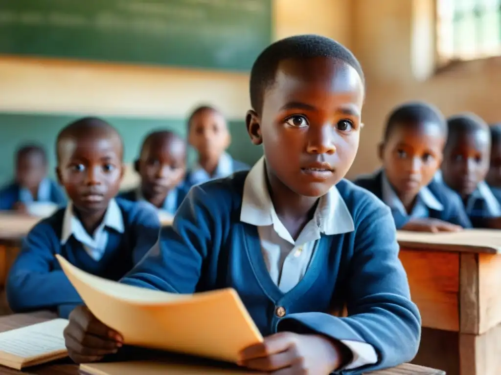 Un grupo de niños africanos diversos se esfuerza por aprender en un aula rural, representando la superación de desafíos en educación en África