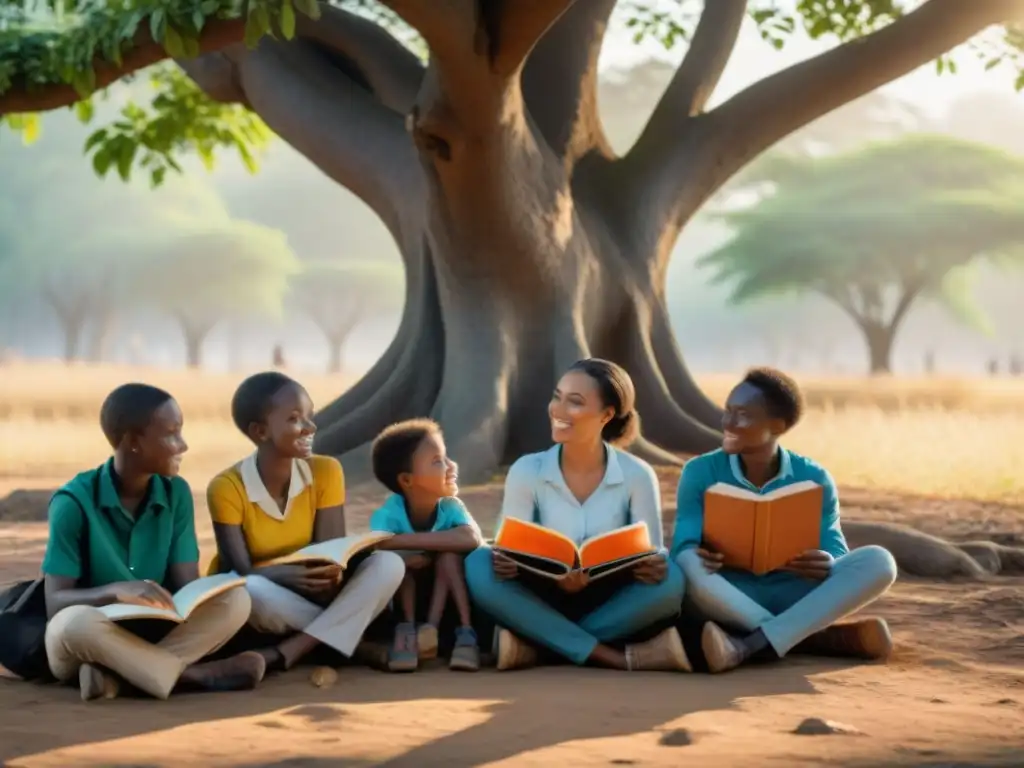 Un grupo de niños africanos de distintos géneros y clases sociales, participando alegremente en una clase al aire libre bajo un gran árbol en África