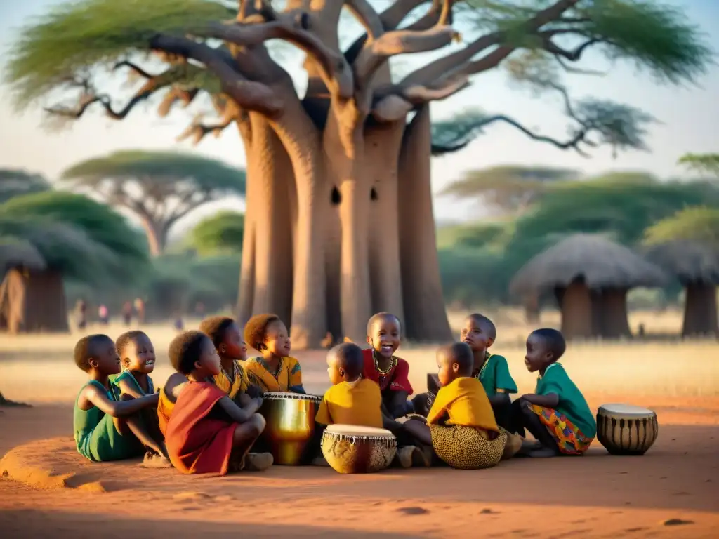 Grupo de niños africanos tocando instrumentos musicales tradicionales bajo un baobab al atardecer