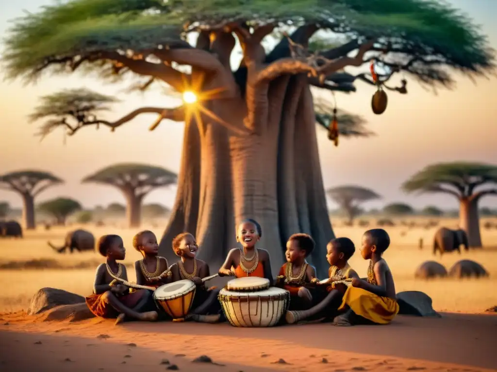 Un grupo de niños africanos tocando instrumentos tradicionales bajo la sombra de un baobab al atardecer en la sabana africana