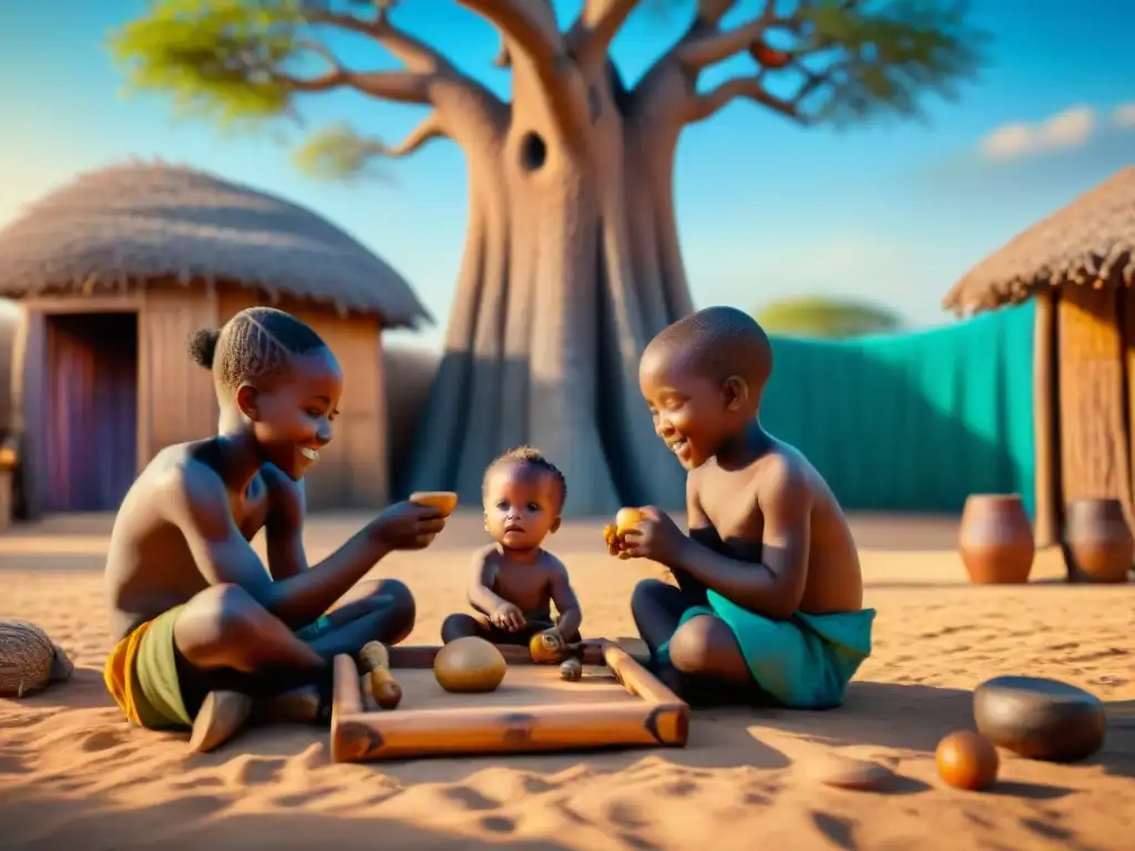 Un grupo de niños africanos juega con juguetes infantiles bajo un baobab