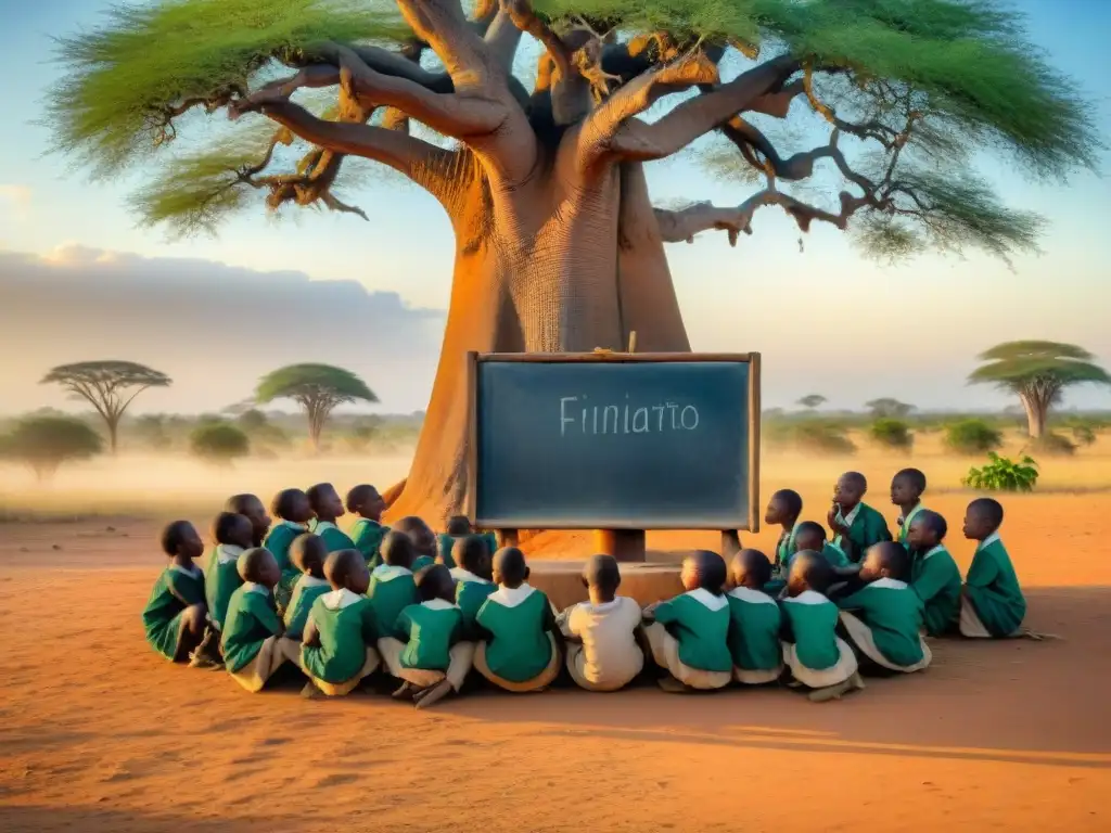 Grupo de niños africanos escuchando atentamente a su maestro bajo un baobab al atardecer