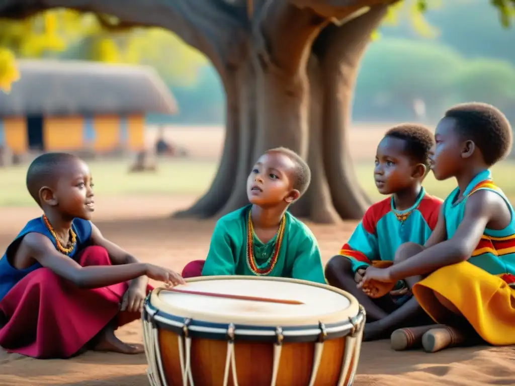 Un grupo de niños africanos aprendiendo música tradicional bajo un árbol