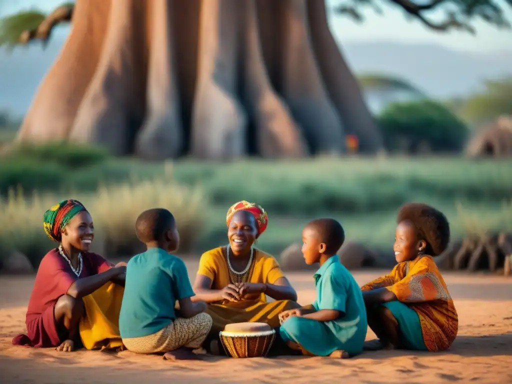 Un grupo de niños africanos aprendiendo música tradicional bajo un baobab