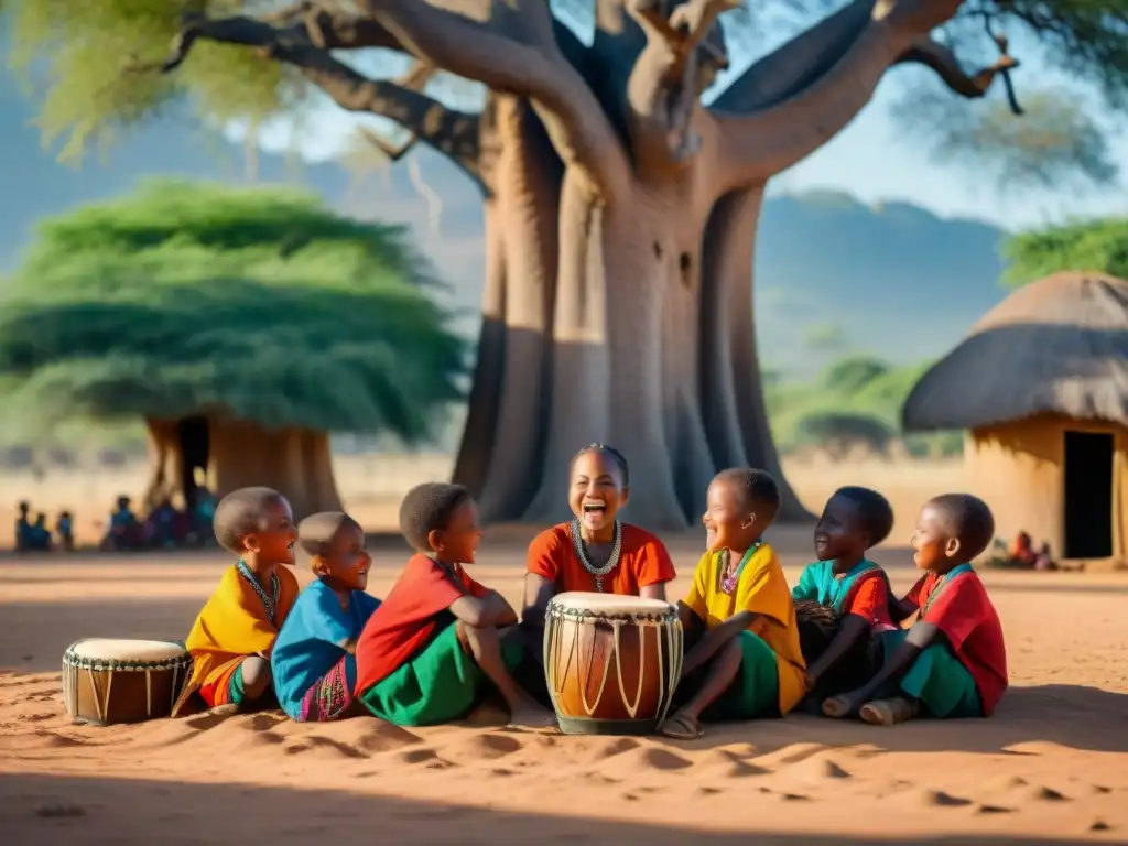 Grupo de niños africanos tocando tambores y cantando bajo un baobab, en escena de música tradicional para niños africanos