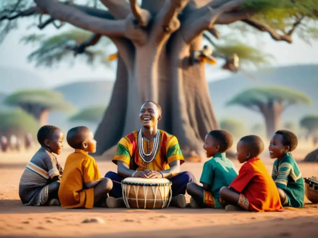 Un grupo de niños africanos tocando tambores y cantando bajo un baobab