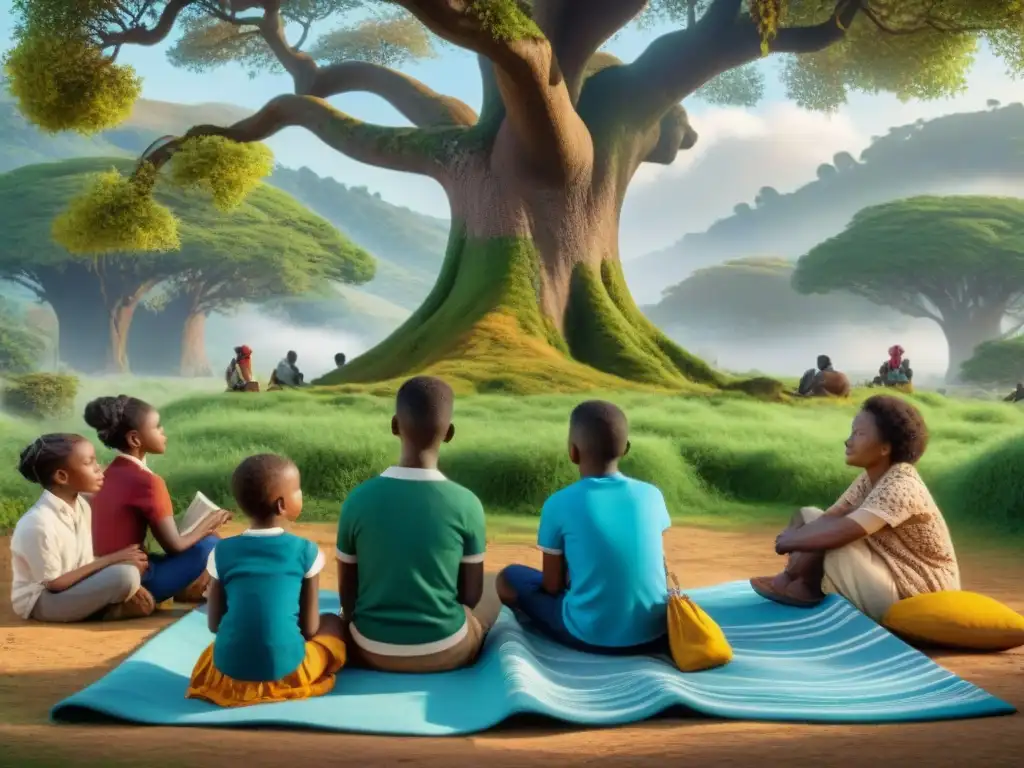 Un grupo de niños escucha atentamente a un anciano contar un fascinante mito africano bajo un árbol con libros de Mitos y leyendas africanas educación