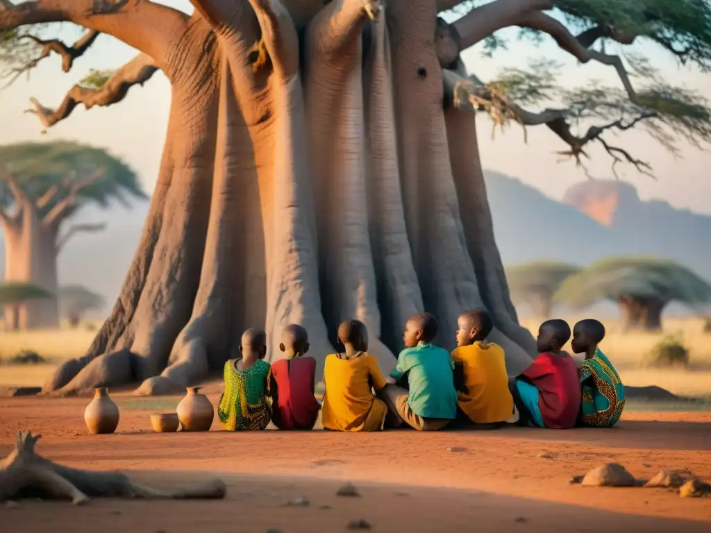 Un grupo de niños escucha atentamente a un anciano contar mitos y leyendas africanas bajo un Baobab al atardecer