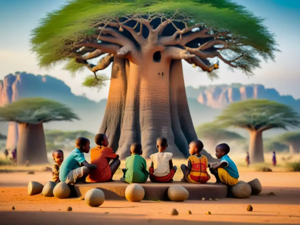 Un grupo de niños juega bajo un baobab en África