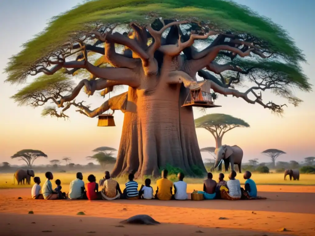 Un grupo de niños diversos lee cuentos africanos bajo un Baobab al atardecer, rodeados de animales