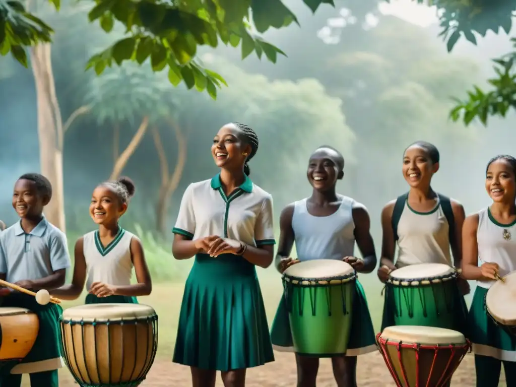 Emocionante sesión de tambores africanos al aire libre con niños escolares Grupo de niños escolares de diversas culturas tocando tambores africanos, unidos en ritmos educativos interculturales