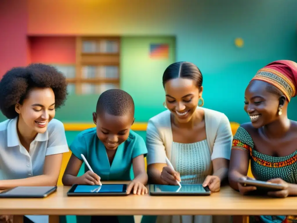 Un grupo de niños diversos juega un juego educativo digital con temática africana en tablets, rodeados de símbolos coloridos y elementos culturales