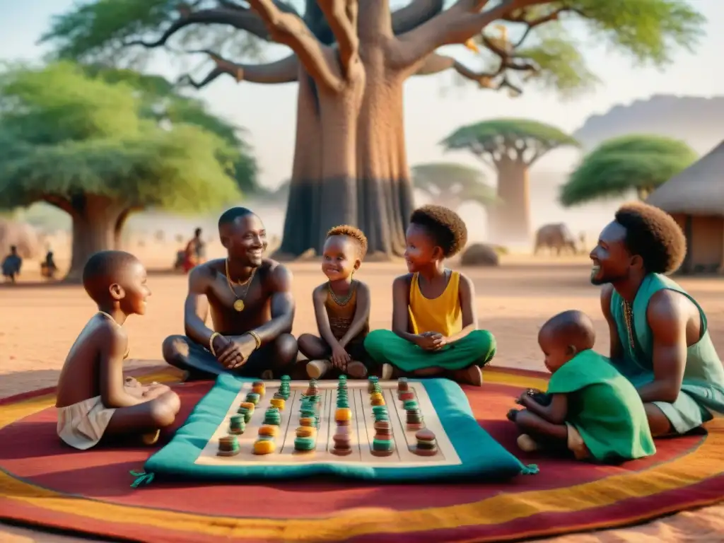 Un grupo de niños diversos juega un juego tradicional africano bajo un baobab con un anciano sabio observándolos