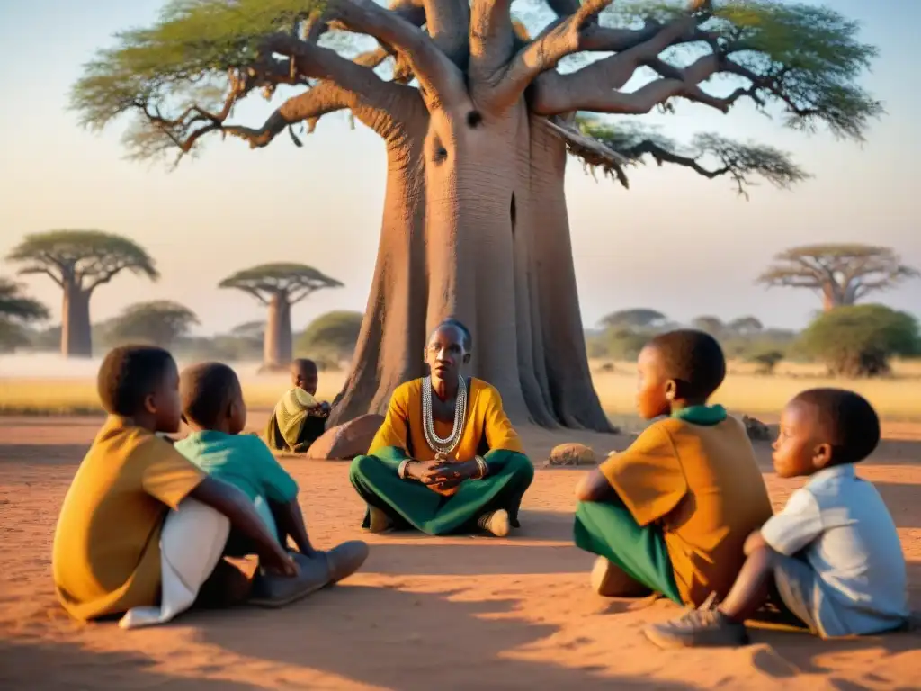 Un grupo de niños escucha atentamente relatos de civilizaciones africanas bajo un baobab al atardecer