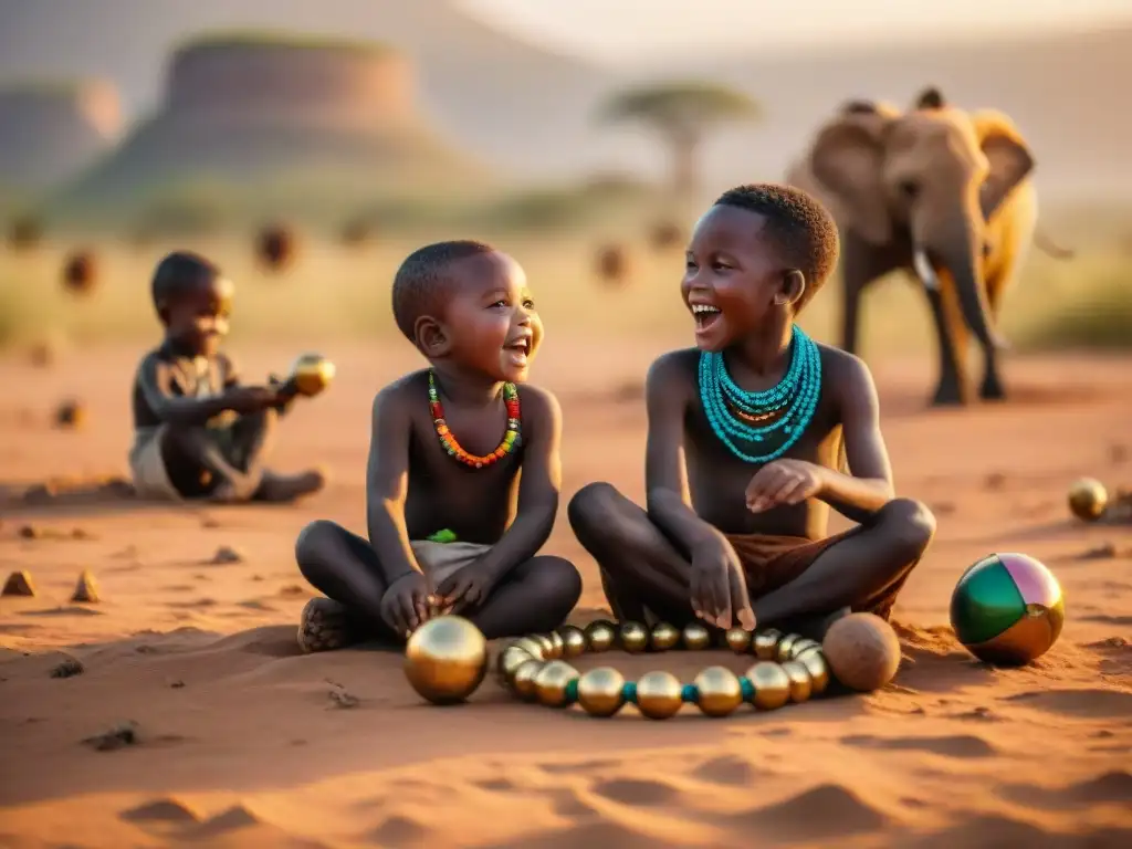 Un grupo de niños de diversas tribus africanas juegan con juguetes tradicionales en la sabana al atardecer