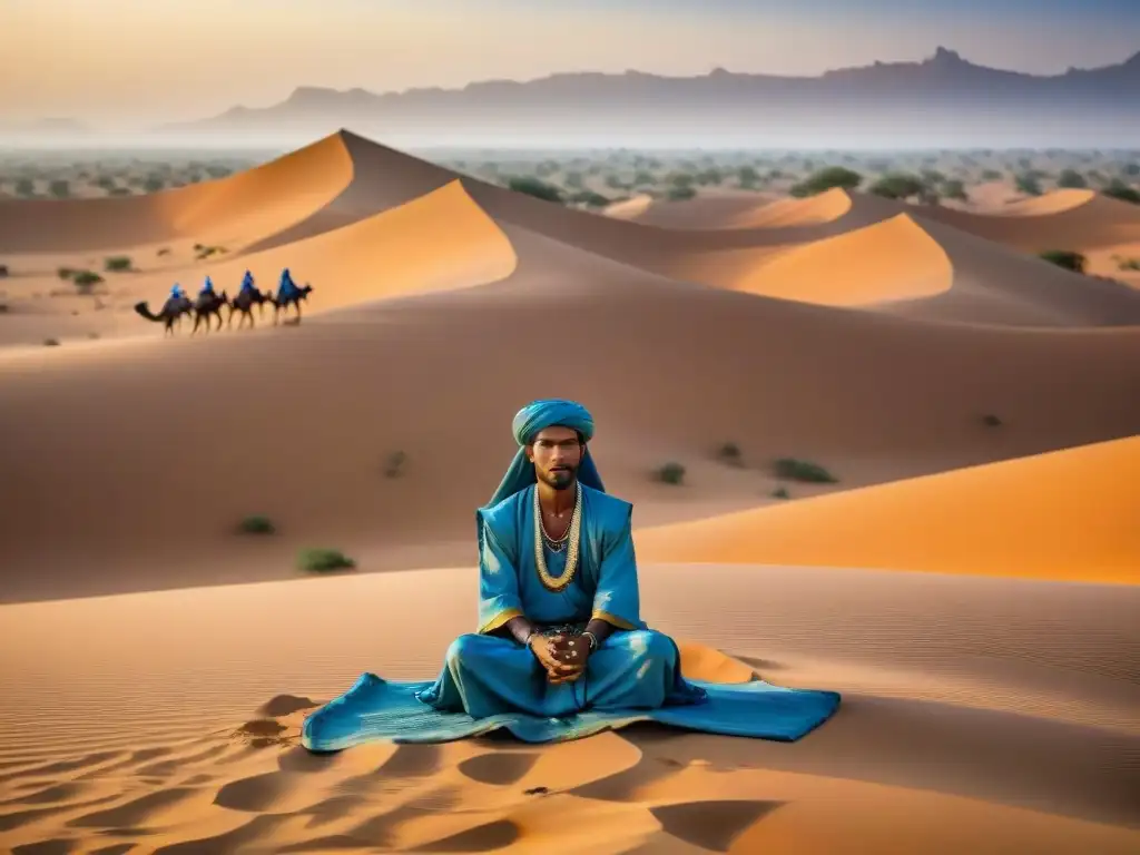 Un grupo de nómadas Tuareg rezando al atardecer en el desierto dorado del Sahel, destacando la conexión entre Islam y cultura local