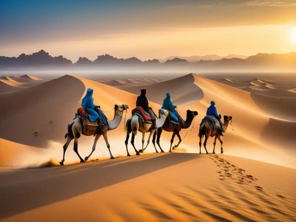 Un grupo de nómadas Tuareg atravesando el Sahara al atardecer en camellos, mostrando su resistencia y belleza en el desierto