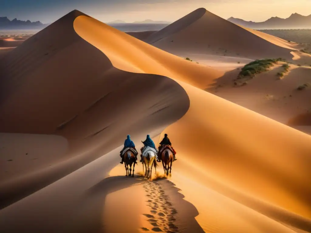 Grupo de nómadas Tuareg atravesando el desierto del Sahara en camellos, capturando la esencia de Mitos y Leyendas del Sahel