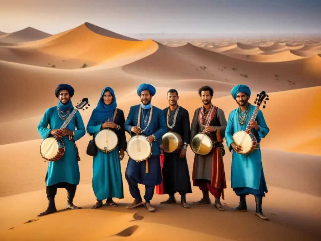 Grupo de nómadas Tuareg tocando instrumentos tradicionales bajo el sol del Sahara