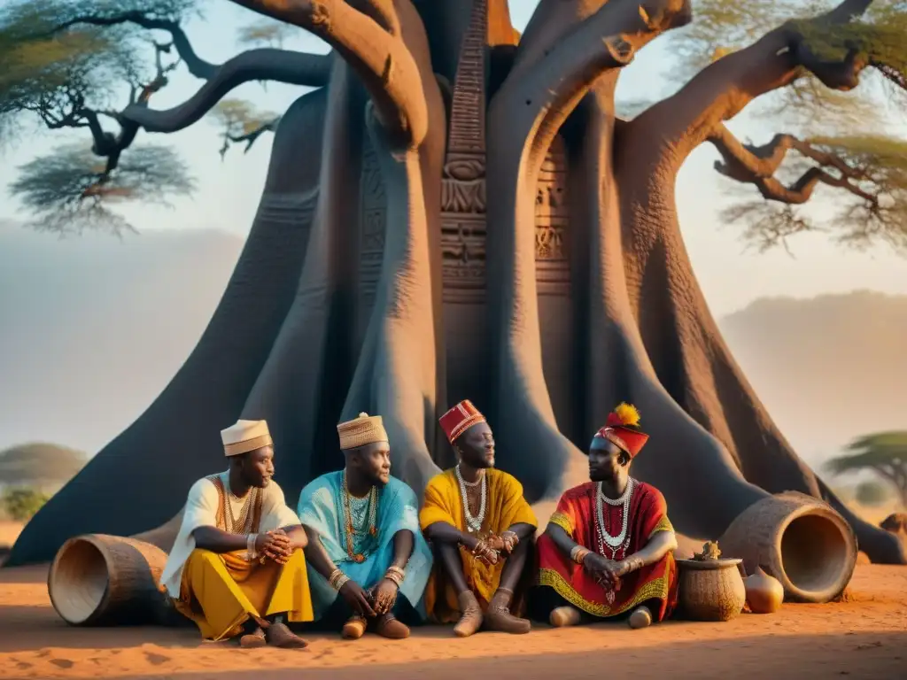 Un grupo de griots del oeste de África bajo un baobab, contando historias a niños, con antiguos sistemas de escritura en la corteza