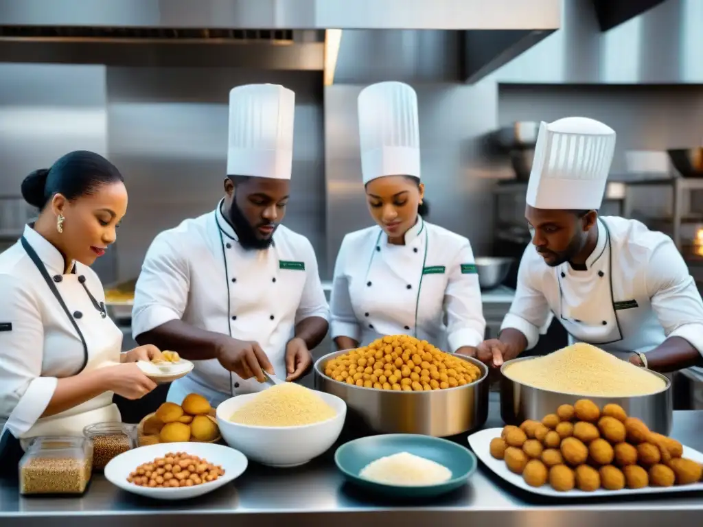 Un grupo de pasteleros diverso, inspirados en sabores africanos, crean postres en una cocina bulliciosa