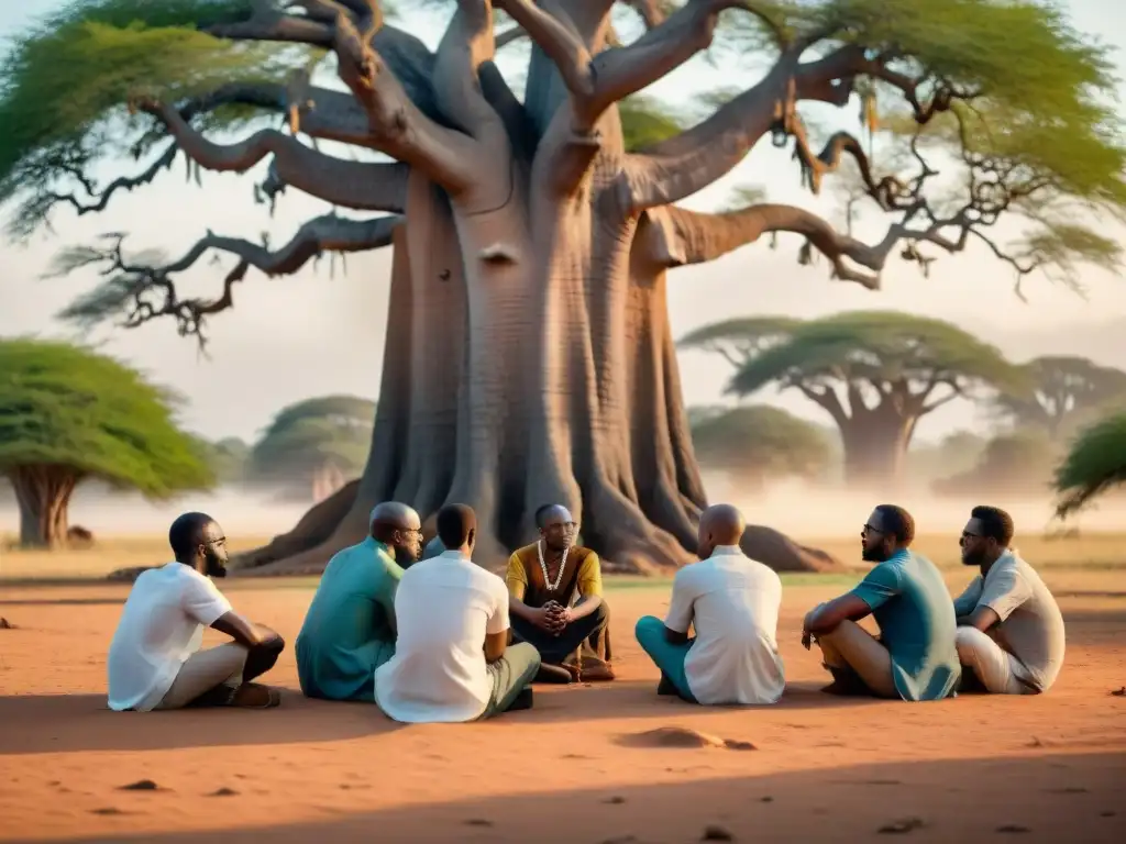 Grupo de pensadores contemporáneos de Filosofía africana debatiendo animadamente bajo un baobab centenario