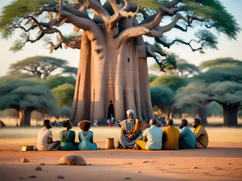 Un grupo de pensadores contemporáneos de filosofía africana debatiendo apasionadamente bajo un baobab al atardecer