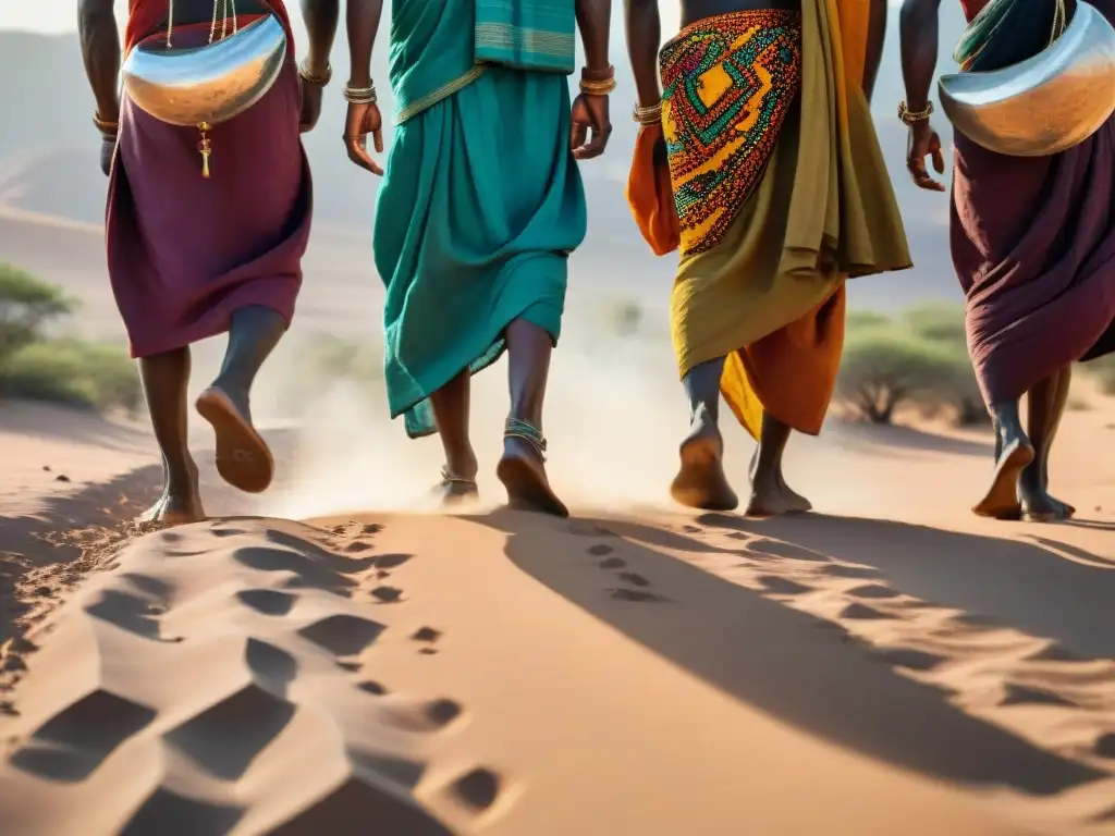 Grupo de peregrinos africanos en vibrantes atuendos tradicionales caminando descalzos bajo el sol abrasador