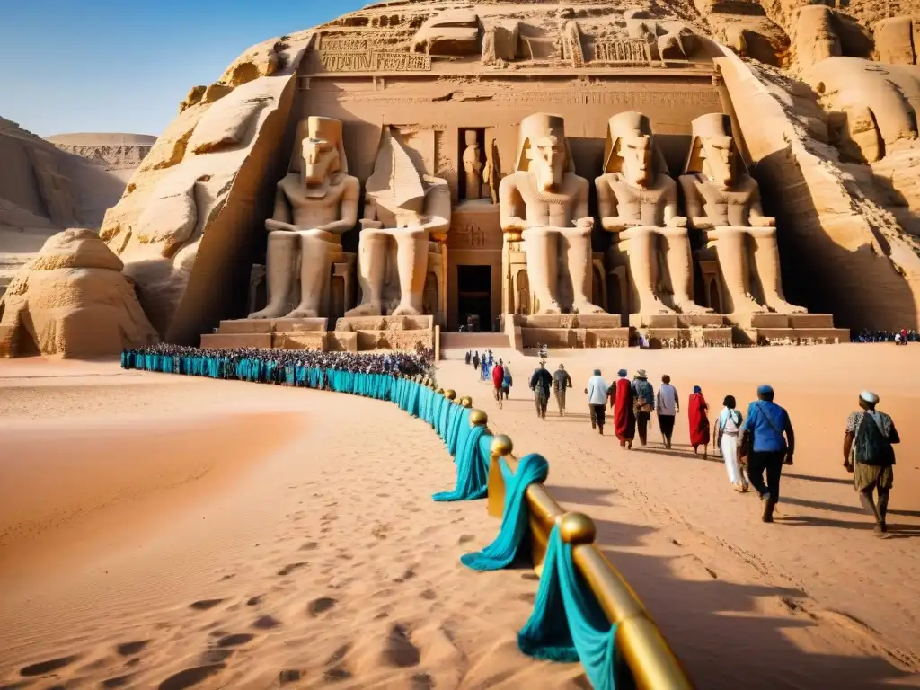 Un grupo de peregrinos avanza hacia Abu Simbel en el desierto, protegidos del sol con coloridos pañuelos