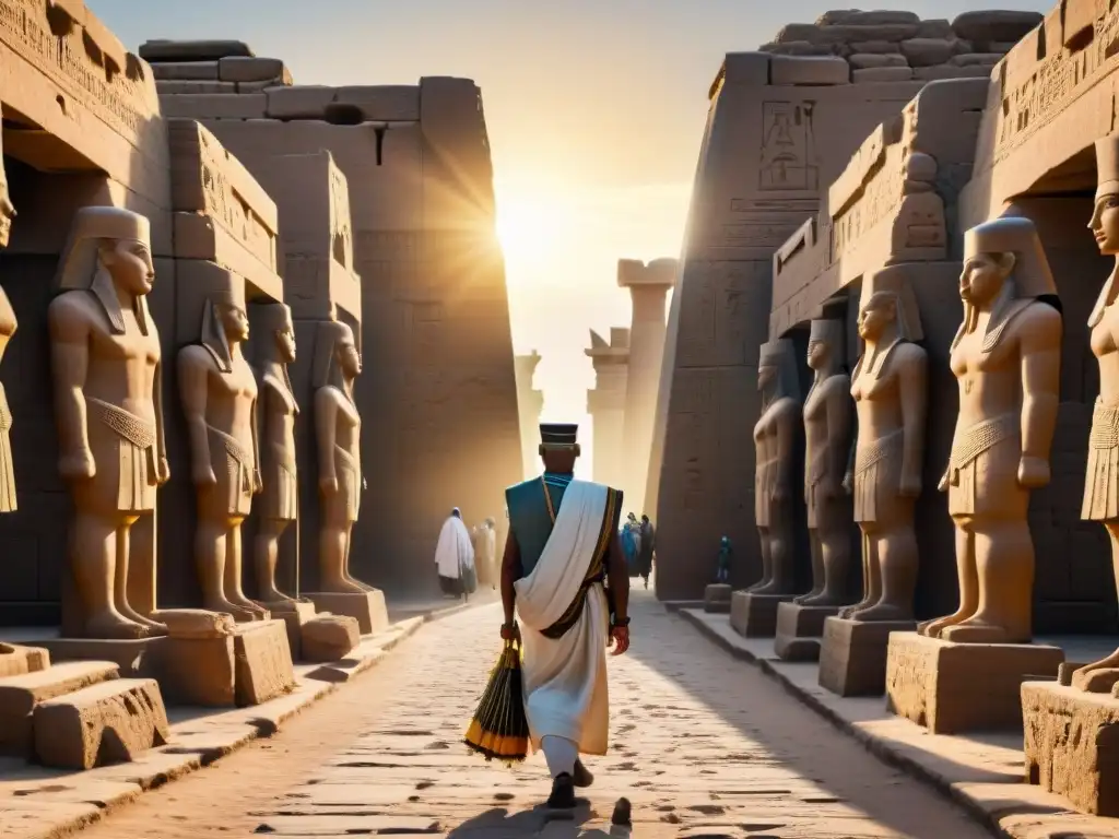 Un grupo de peregrinos diversos camina hacia el majestuoso Templo de Karnak al atardecer en Luxor, Egipto, en un viaje espiritual