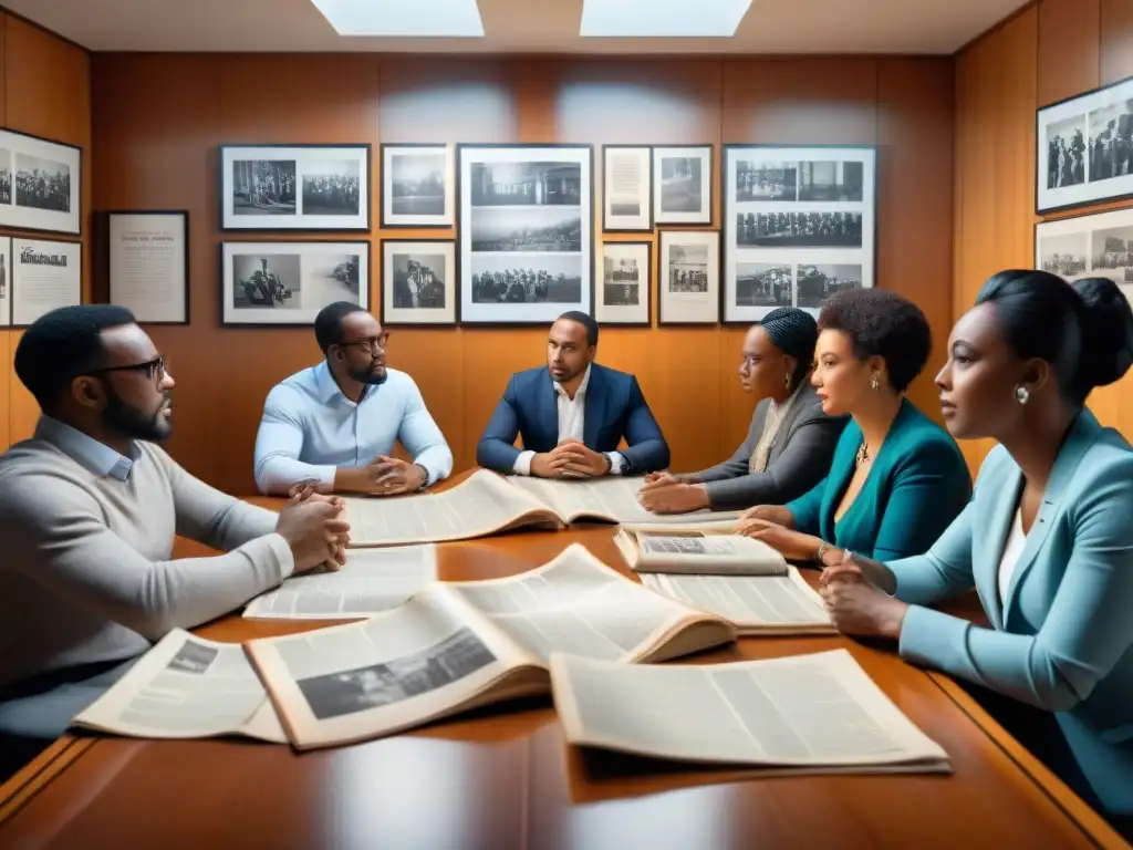 Un grupo de periodistas reviven historia africana en una sala llena de periódicos, fotos antiguas y micrófonos vintage