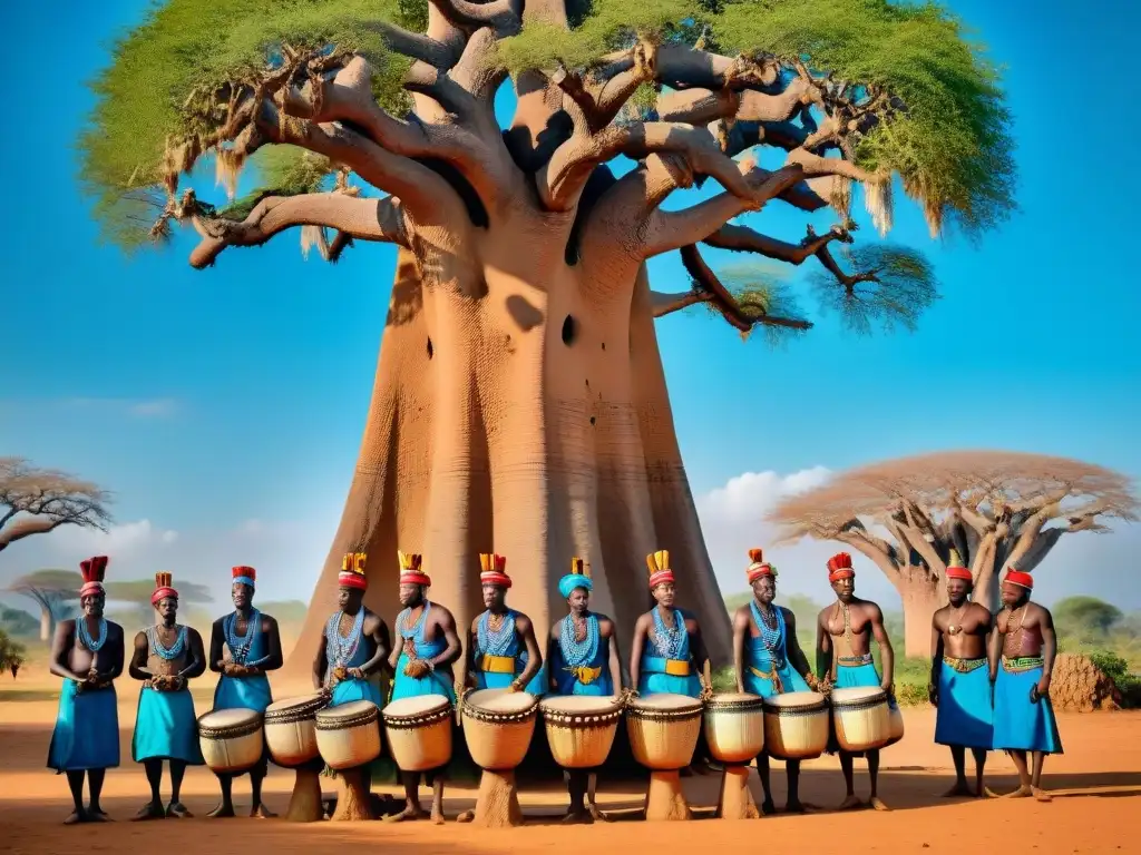 Un grupo de personas Ewe en trajes tradicionales bailando y tocando tambores bajo un baobab en Togo