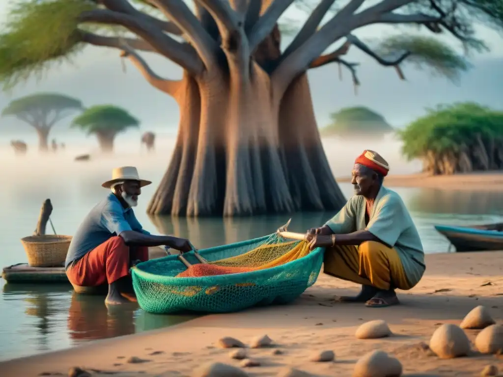 Un grupo de pescadores africanos mayores reparan redes bajo un baobab junto al lago, destacando la tradición y simbolismo en la pesca africana