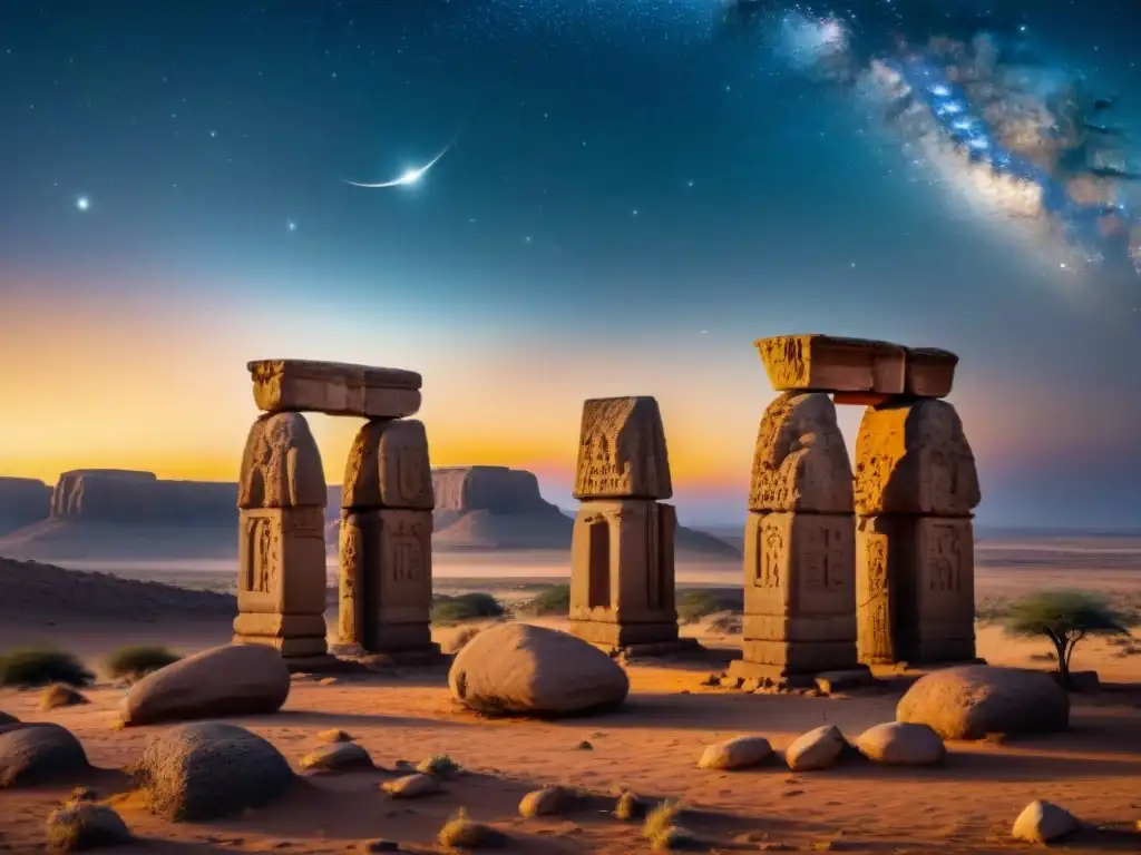 Grupo de pilares de piedra tallados con símbolos celestiales en desierto del Cuerno de África por astrónomos antiguos