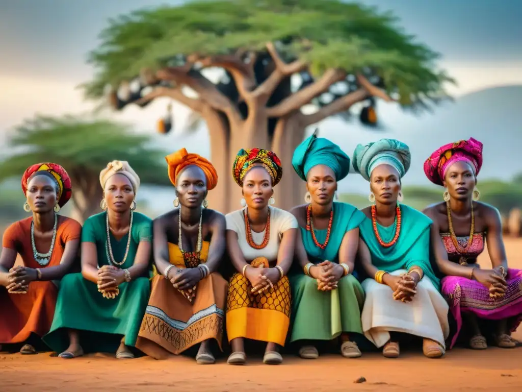 Un grupo de poderosas líderes africanas sentadas bajo un baobab en una reunión comunitaria