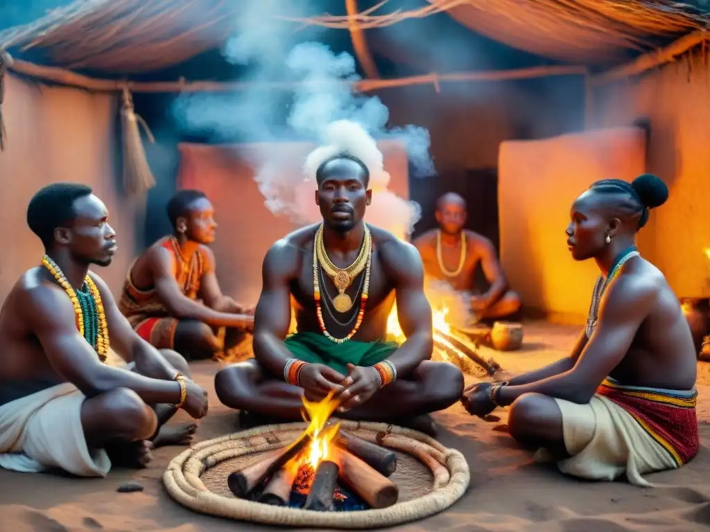 Grupo de practicantes espirituales africanos comunicándose con los ancestros alrededor del fuego sagrado al anochecer