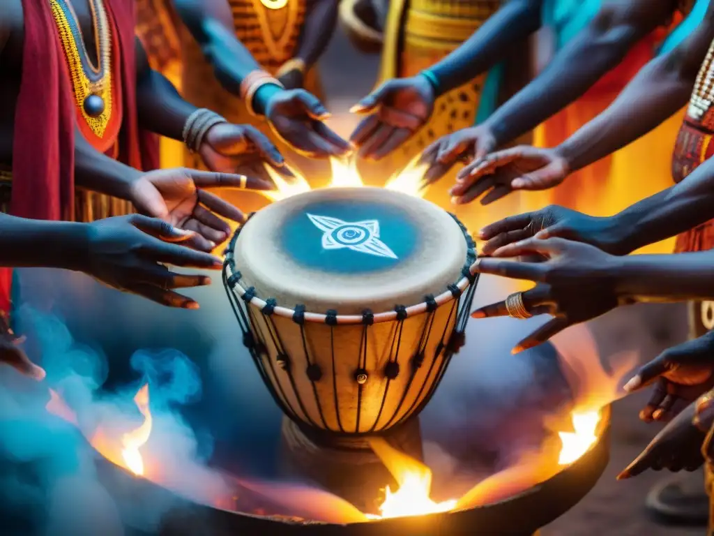 Un grupo de practicantes espirituales africanos en un ritual de tambores bajo el cielo estrellado